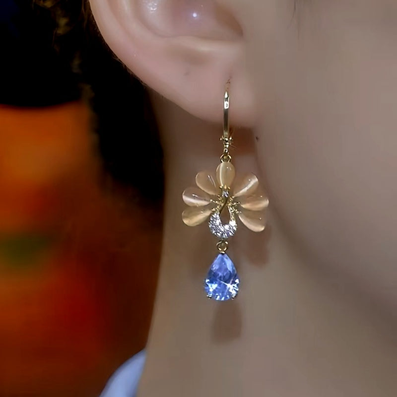 14K Gold-Plated Luxury Cat's Eye Stone Flower Earrings