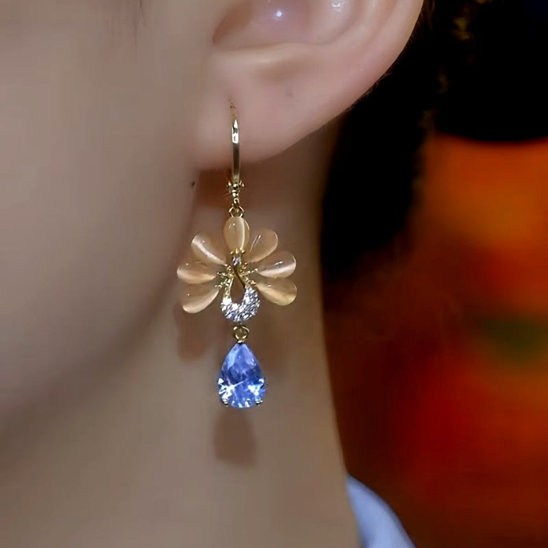 14K Gold-Plated Luxury Cat's Eye Stone Flower Earrings