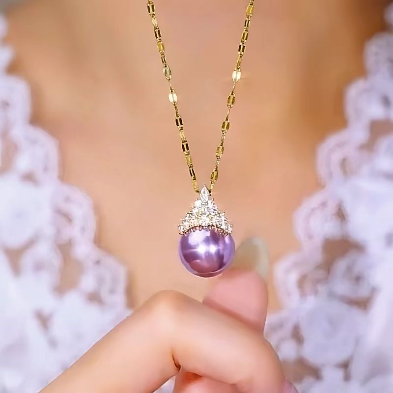 14K Gold-Plated Luxury Diamond-Encrusted Purple Pearl Necklaces