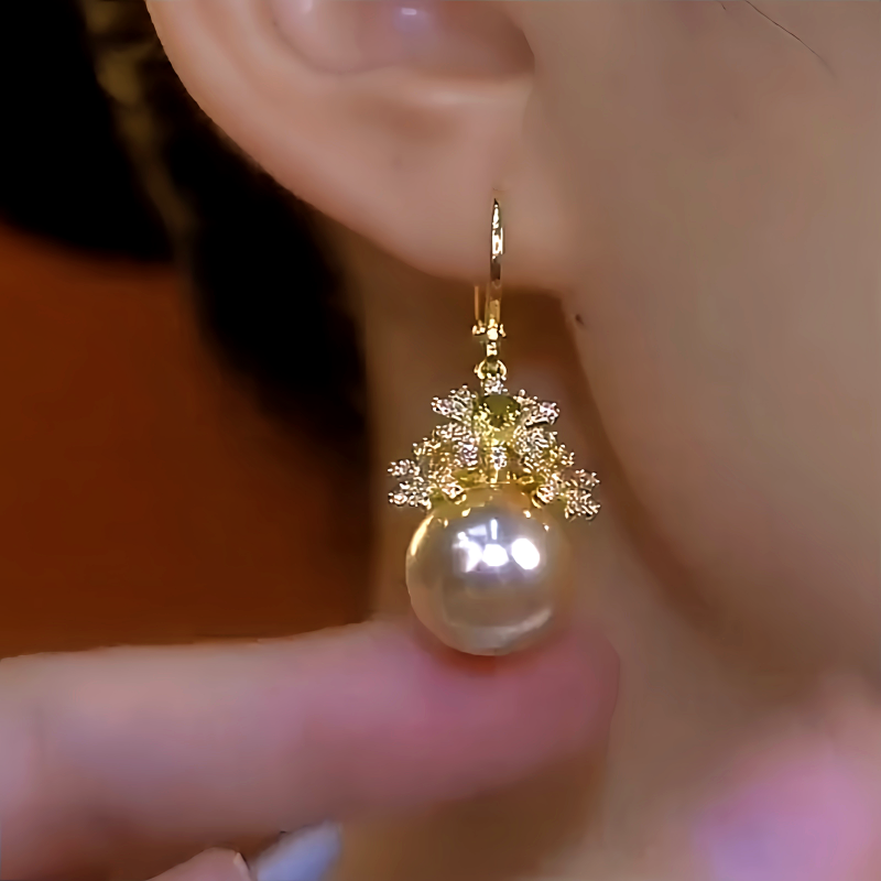 14K Gold-Plated Luxury Diamond Flower Pearl Earrings