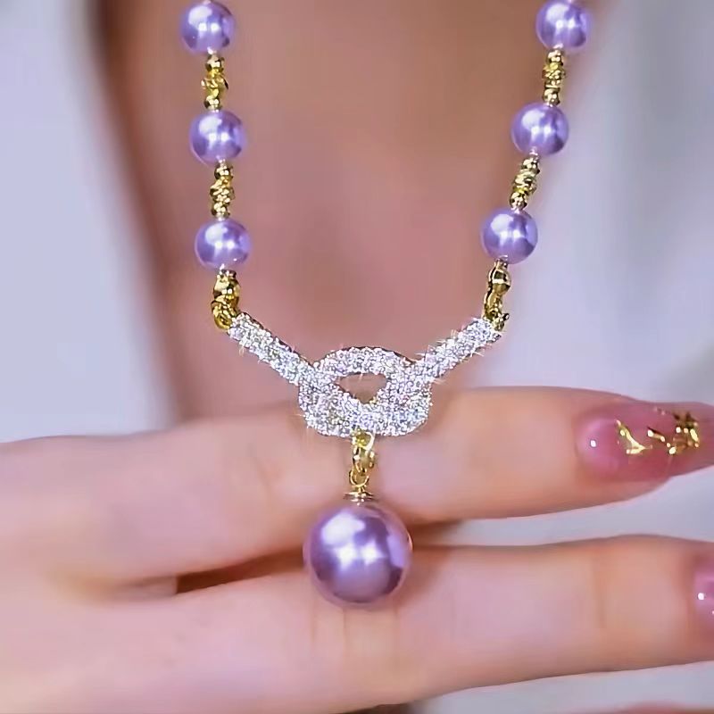 14K Gold-Plated Luxury Diamond Purple Pearl Necklace