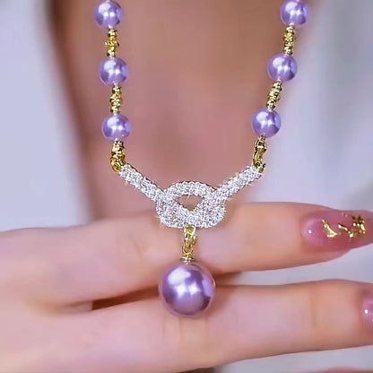 14K Gold-Plated Luxury Diamond Purple Pearl Necklace
