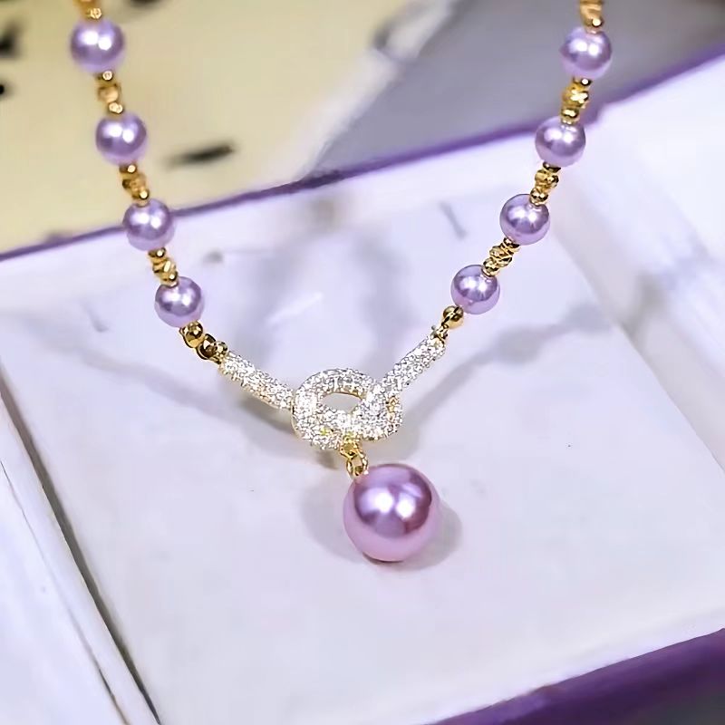 14K Gold-Plated Luxury Diamond Purple Pearl Necklace