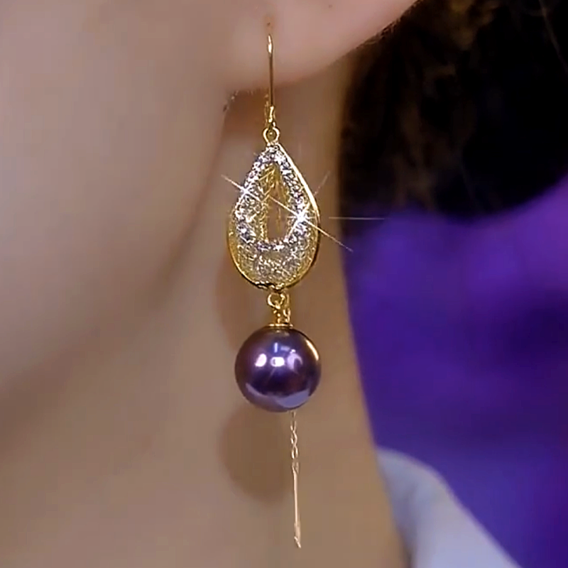 14K Gold-Plated Luxury Diamond Purple Pearl Threader Earrings