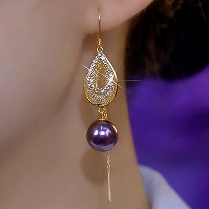 14K Gold-Plated Luxury Diamond Purple Pearl Threader Earrings