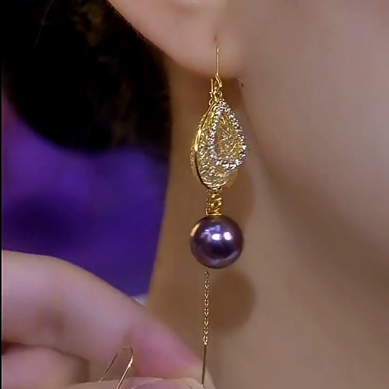 14K Gold-Plated Luxury Diamond Purple Pearl Threader Earrings