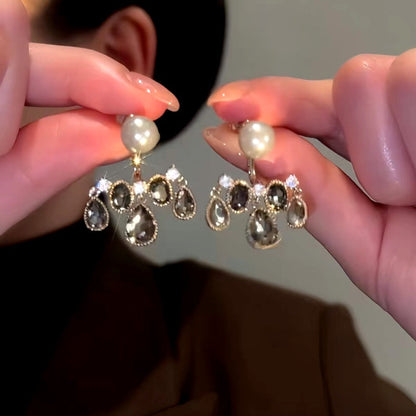 14K Gold-Plated Luxury Front And Back Pearl Crystal Tassel Earrings