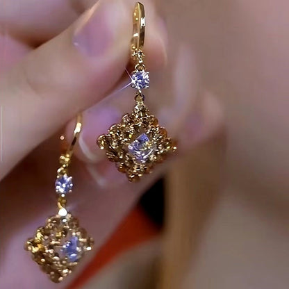 14K Gold-Plated Luxury Geometric Square Brown Diamond Earrings