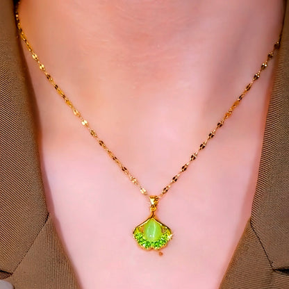 14K Gold-Plated Luxury Green Cat's Eye Leaf Necklaces