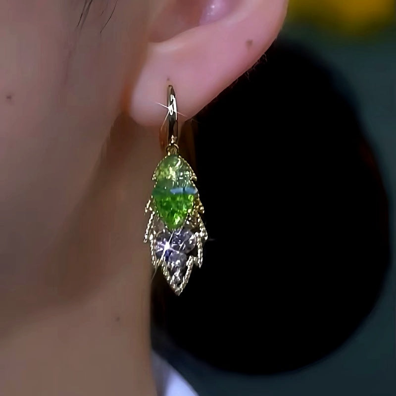 14K Gold-Plated Luxury Green Crushed Diamond Gradient Leaf Earrings