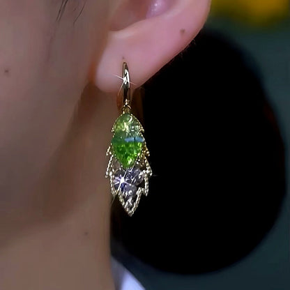 14K Gold-Plated Luxury Green Crushed Diamond Gradient Leaf Earrings