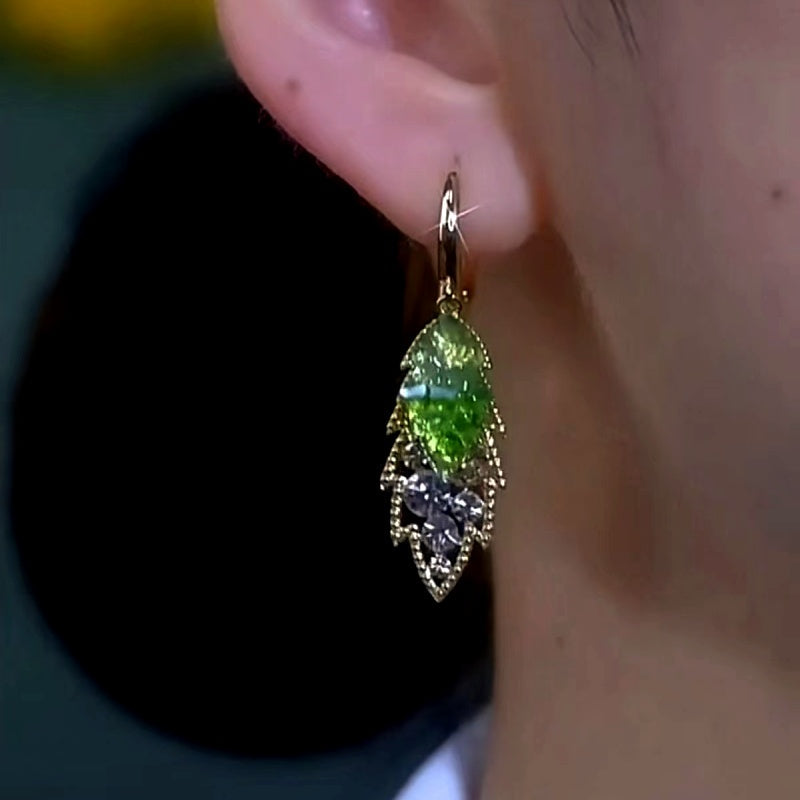 14K Gold-Plated Luxury Green Crushed Diamond Gradient Leaf Earrings