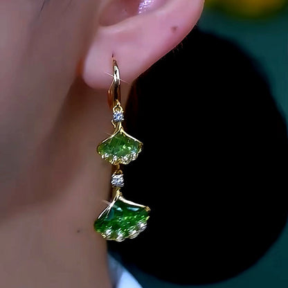 14K Gold-Plated Luxury Green Crystal Leaf Earrings