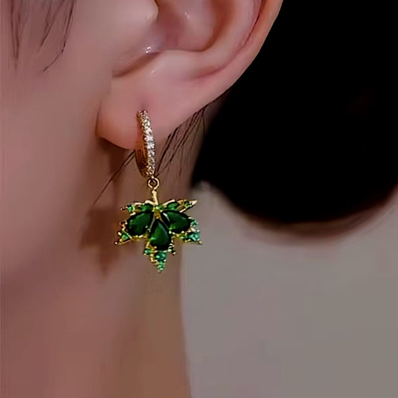 14K Gold-Plated Luxury Green Maple Leaf Earrings