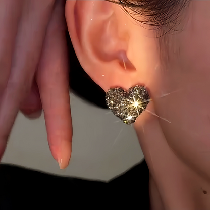 14K Gold-Plated Luxury Grey Diamond Heart Stud Earrings