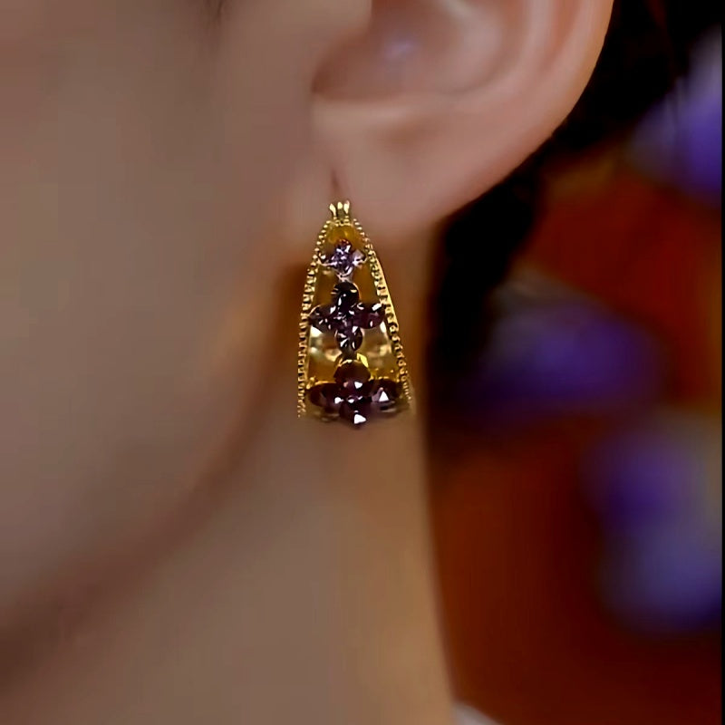 14K Gold-Plated Luxury Purple Full Diamond Geometric Earrings
