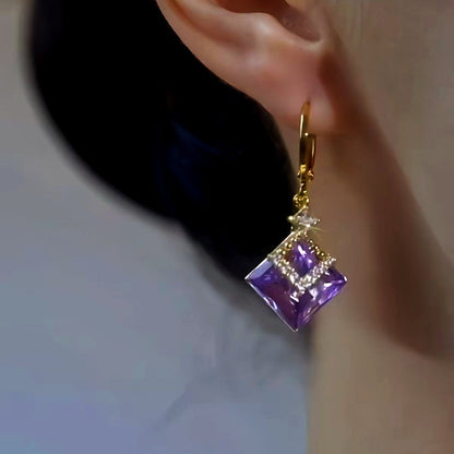 14K Gold-Plated Luxury Purple Geometric Diamond Crystal Earrings