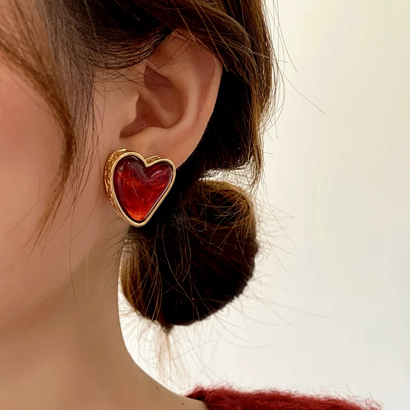 14K Gold-Plated Luxury Red Heart Stud Earrings