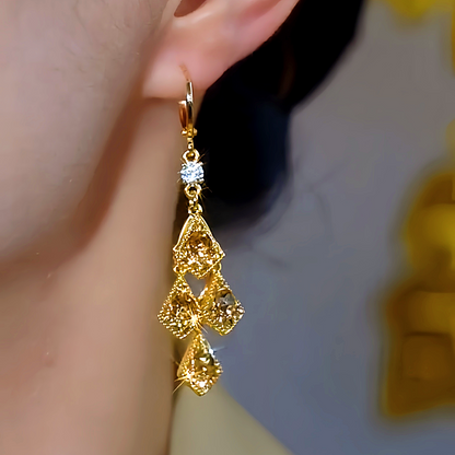 14K Gold-Plated Luxury Three-Dimensional Crystal Diamond Geometric Earrings