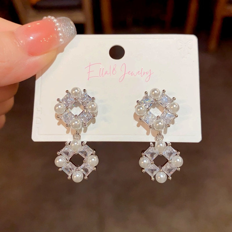 14K Gold-Plated Luxury Zircon Cube Pearl Earrings