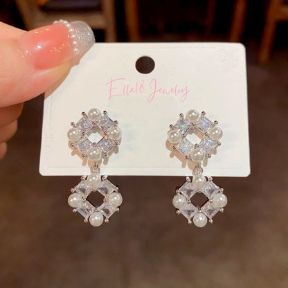 14K Gold-Plated Luxury Zircon Cube Pearl Earrings
