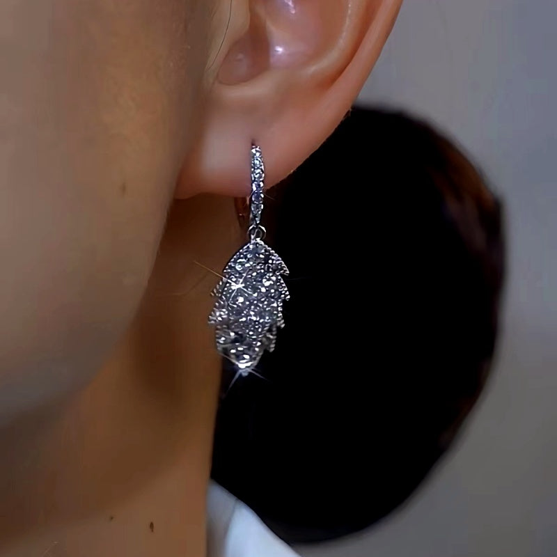 14K Gold-Plated Luxury Zircon Diamond Leaf Earrings