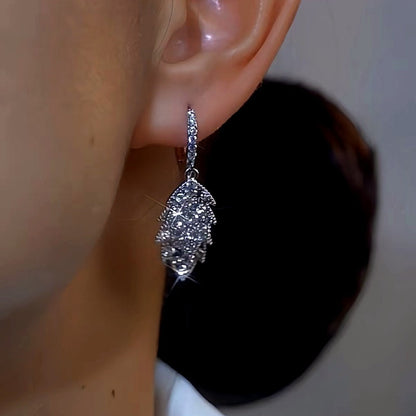 14K Gold-Plated Luxury Zircon Diamond Leaf Earrings