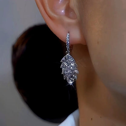 14K Gold-Plated Luxury Zircon Diamond Leaf Earrings