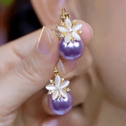 14K Gold-Plated Luxury Zircon Double-Sided Flower Purple Pearl Earrings
