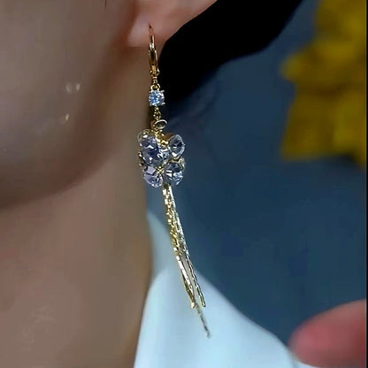 14K Gold-Plated Luxury Zircon Flower Tassel Earrings
