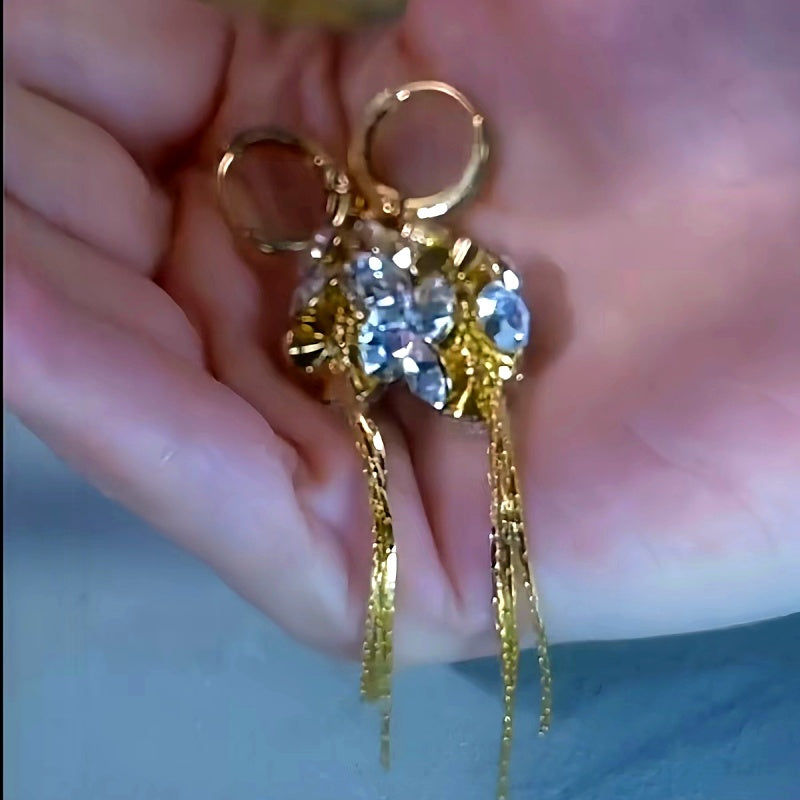 14K Gold-Plated Luxury Zircon Flower Tassel Earrings