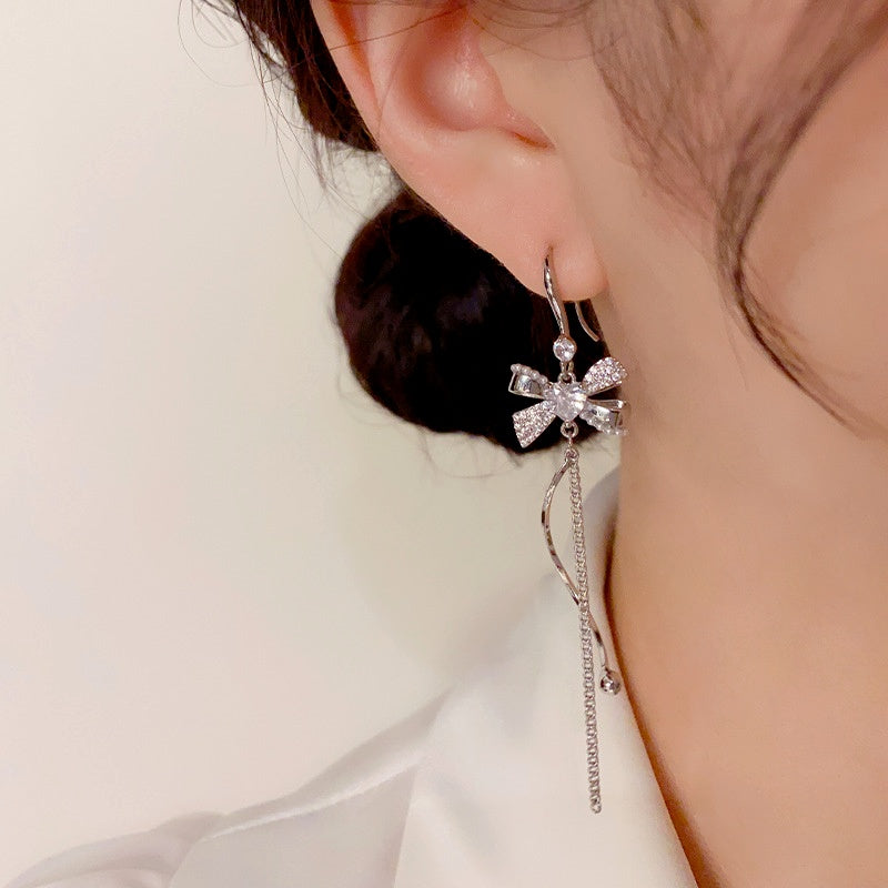 14K Gold-Plated Luxury Zircon Heart Bow Tassel Ear Hook Earrings