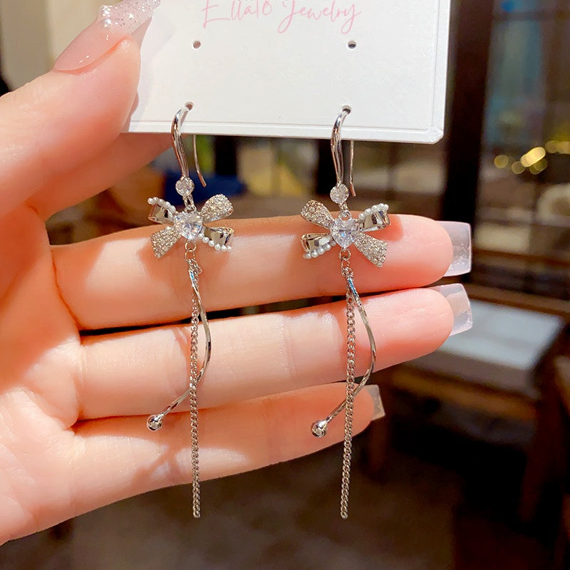 14K Gold-Plated Luxury Zircon Heart Bow Tassel Ear Hook Earrings