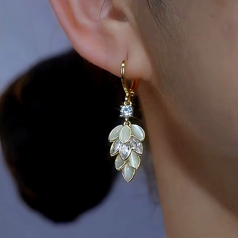 14K Gold-Plated Luxury Zircon Leaf Diamond Earrings