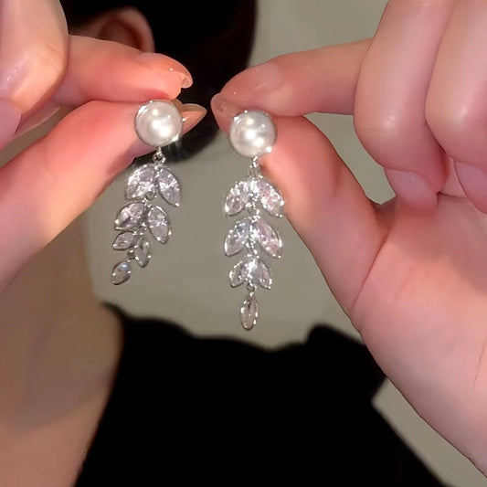 14K Gold-Plated Luxury Zircon Leaf Tassel Earrings
