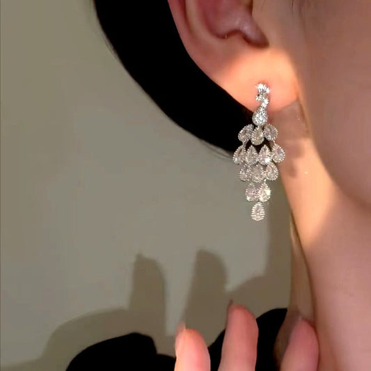 14K Gold-Plated Luxury Zircon Peacock Tassel Earrings
