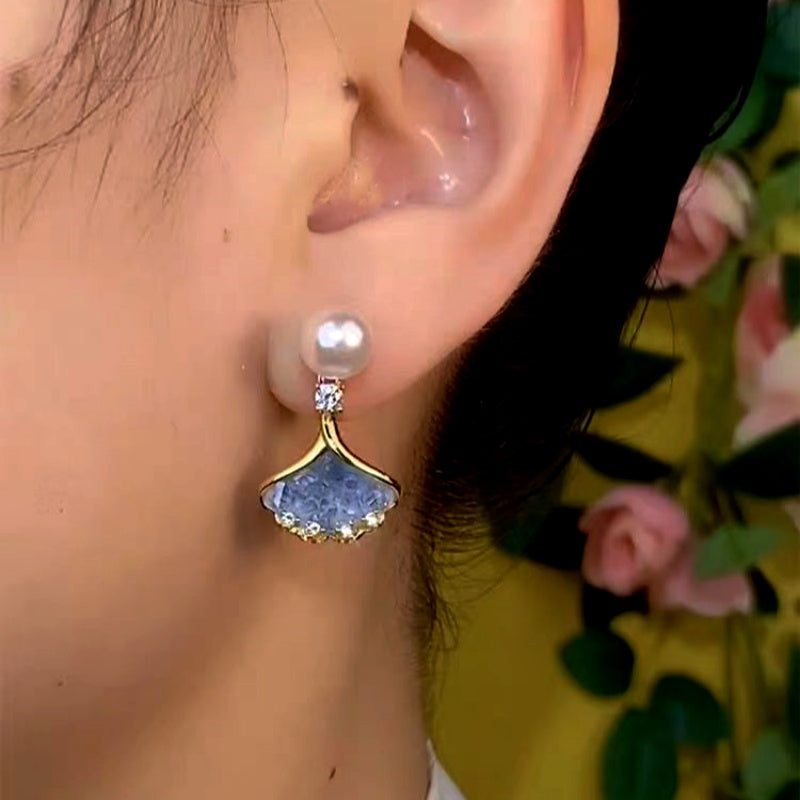 14K Gold-Plated Luxury Zircon Pearl Blue Crystal Leaf Earrings