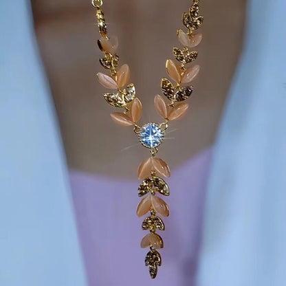 14K Gold-Plated Luxury Zircon Wheat Tassel Necklace