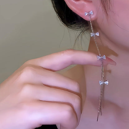 14K Gold-Plated Micro-Diamond Bow Long Tassel Earrings
