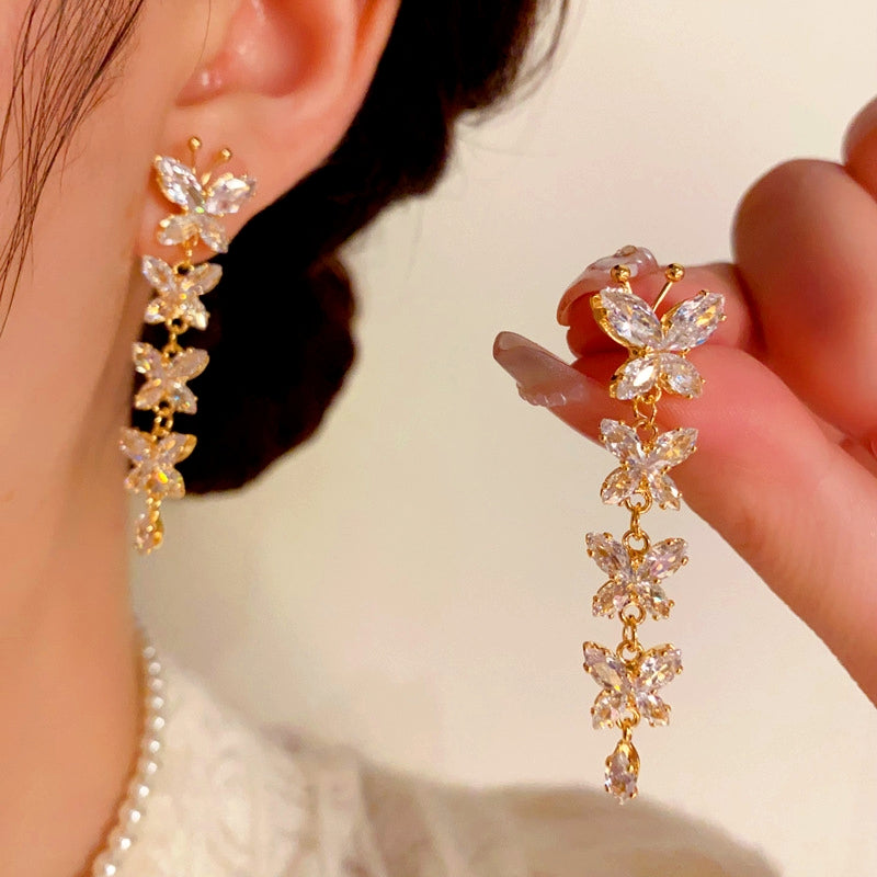 14K Gold-Plated Micro-Diamond Butterfly Tassel Earrings