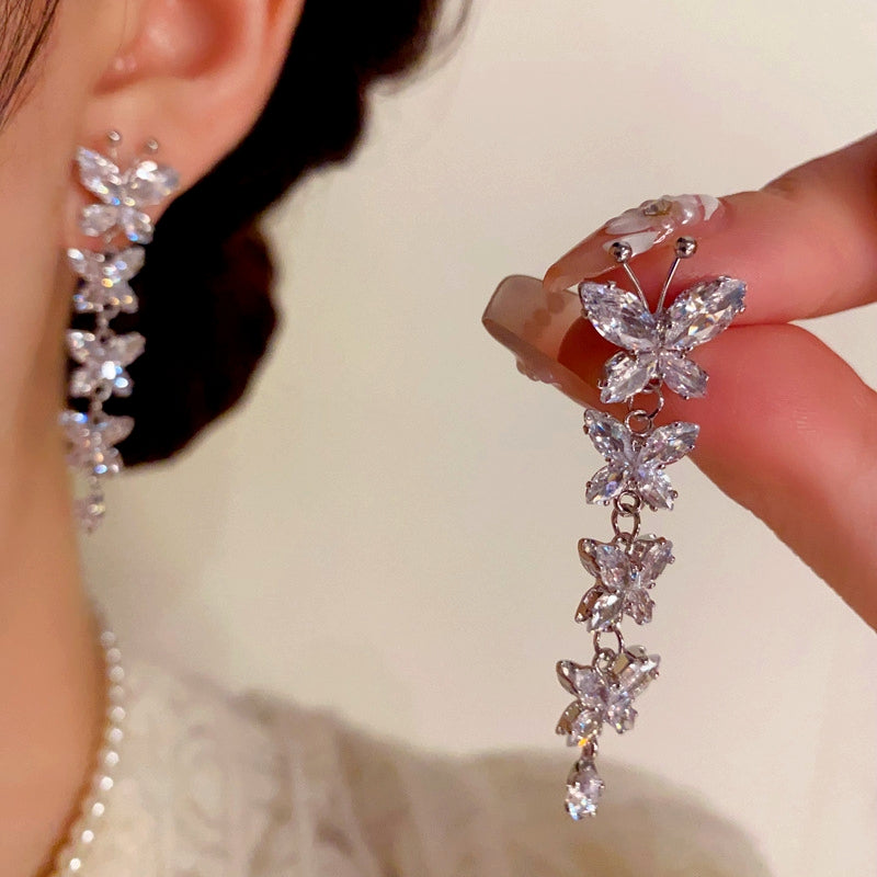 14K Gold-Plated Micro-Diamond Butterfly Tassel Earrings