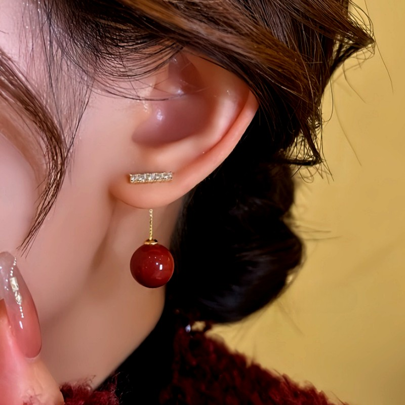 14K Gold-Plated Micro-Diamond Red Bead Earrings