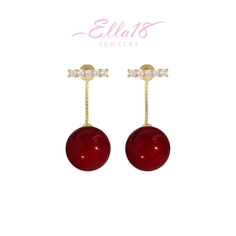 14K Gold-Plated Micro-Diamond Red Bead Earrings