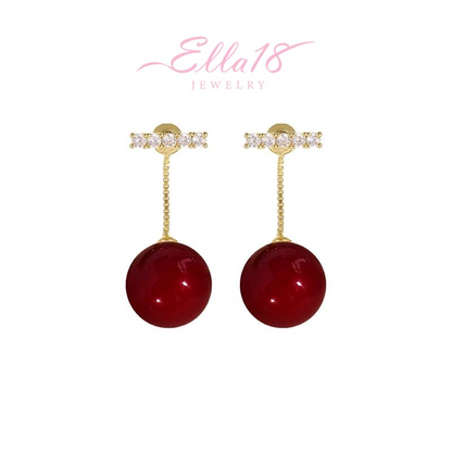14K Gold-Plated Micro-Diamond Red Bead Earrings