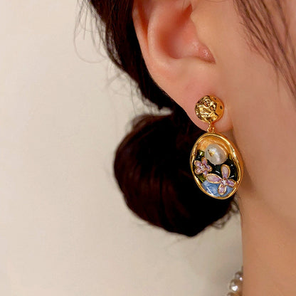 14K Gold-Plated Oil-Dripping Freshwater Pearl Flower Oval Earrings