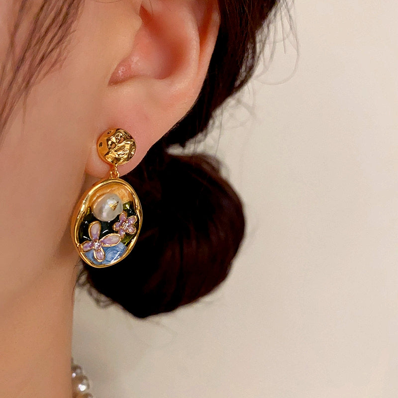 14K Gold-Plated Oil-Dripping Freshwater Pearl Flower Oval Earrings