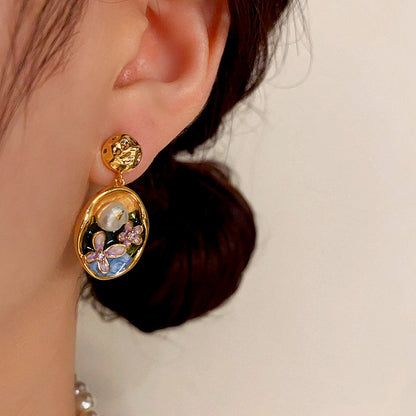 14K Gold-Plated Oil-Dripping Freshwater Pearl Flower Oval Earrings