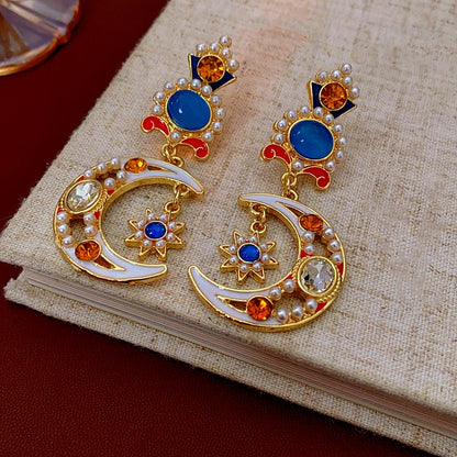 14K Gold-Plated Oil-Drop Diamond Moon Star Flower Pearl Earrings