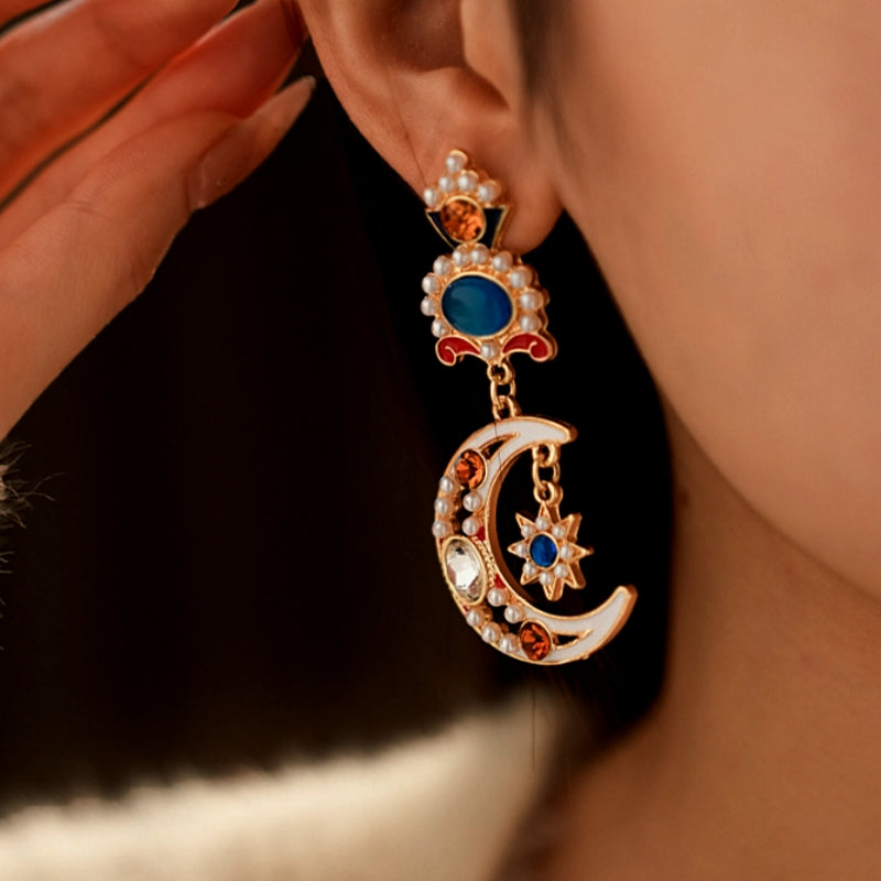 14K Gold-Plated Oil-Drop Diamond Moon Star Flower Pearl Earrings