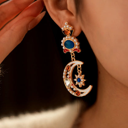 14K Gold-Plated Oil-Drop Diamond Moon Star Flower Pearl Earrings